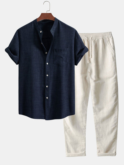 Chemise à manches courtes avec col chinois et pantalons en lin à pattes droites