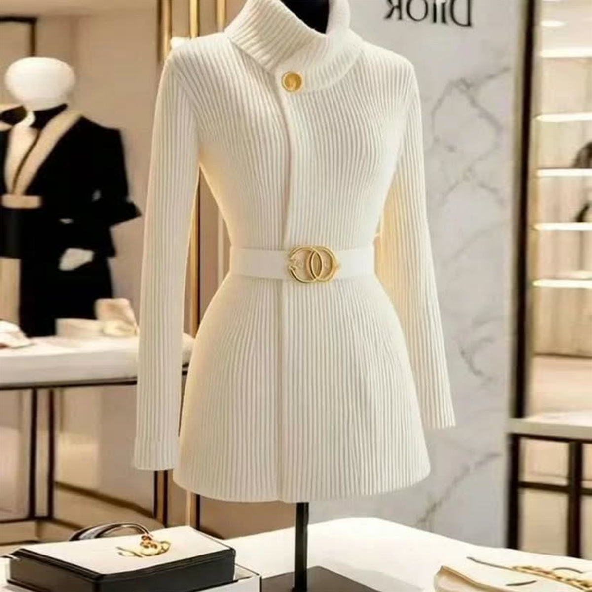 Cardigan en maille blanche à col montant et manches longues