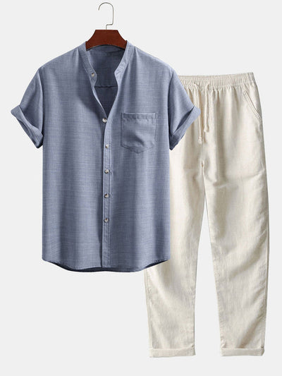 Chemise à manches courtes avec col chinois et pantalons en lin à pattes droites