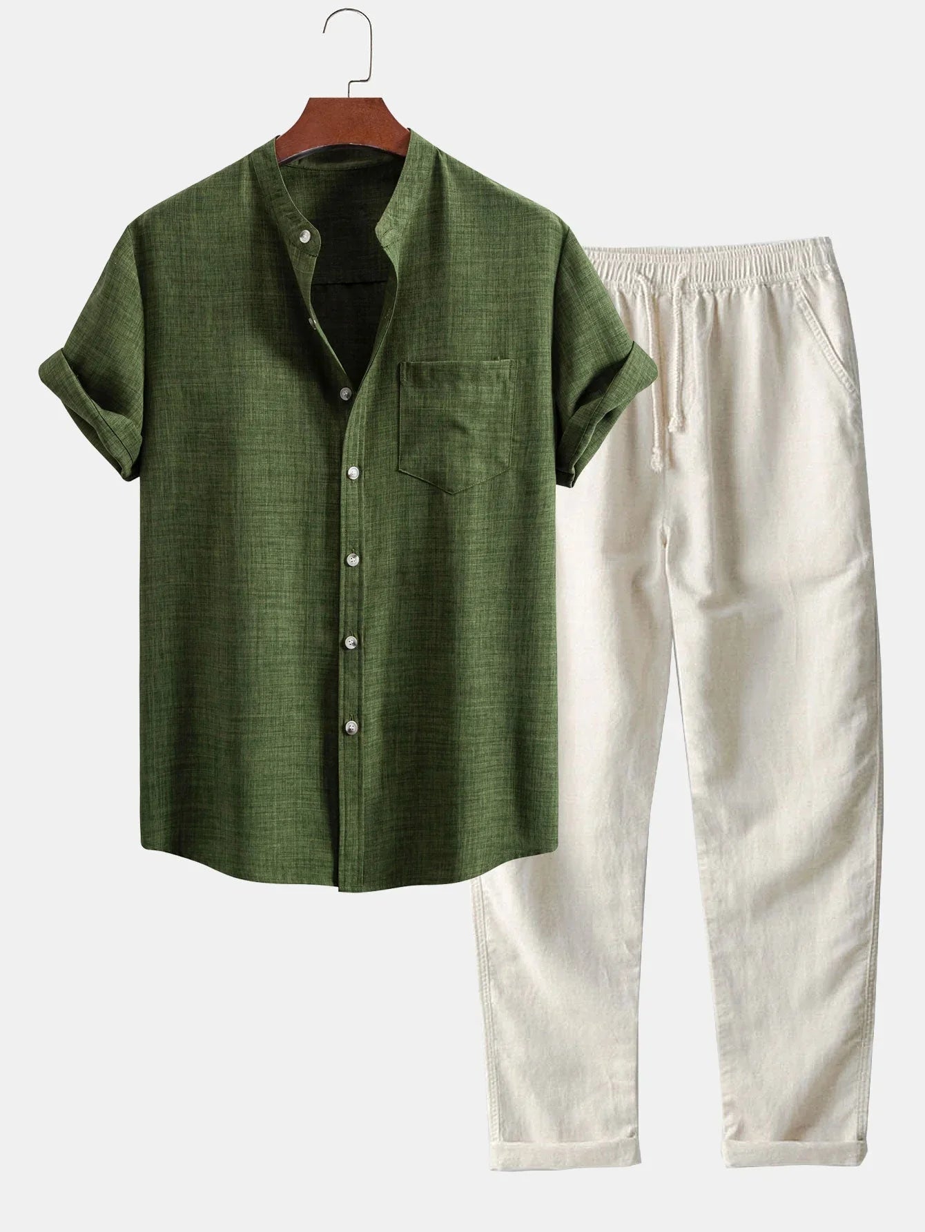 Chemise à manches courtes avec col chinois et pantalons en lin à pattes droites