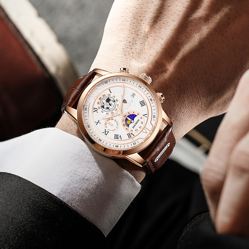 Montre chronographe avec bracelet en cuir premium