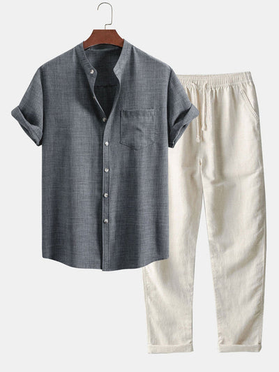 Chemise à manches courtes avec col chinois et pantalons en lin à pattes droites