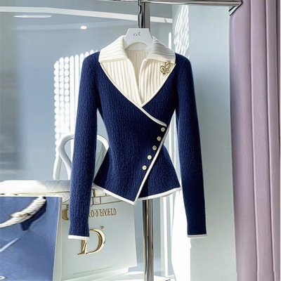 Pull encolure en V color block bleu