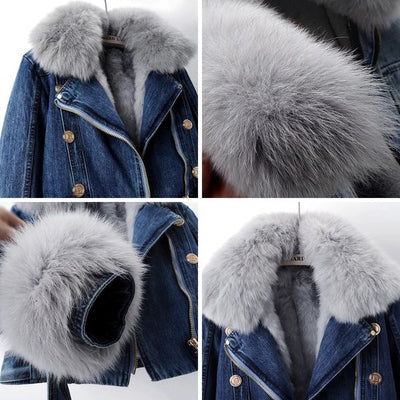 Manteau en denim doublé en fourrure de renard luxe Margaux