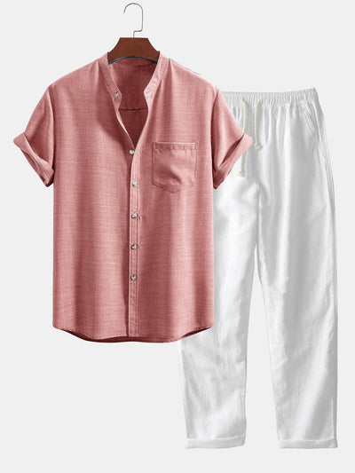 Chemise à manches courtes avec col chinois et pantalons en lin à pattes droites