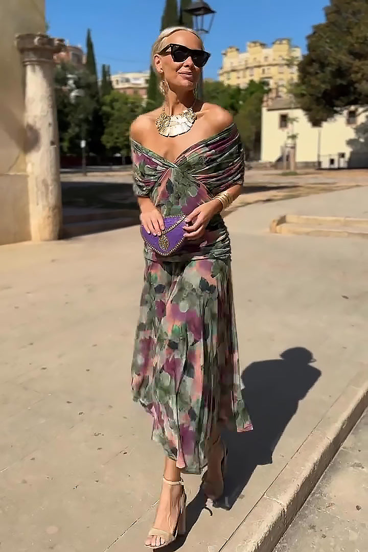Robe longue de fête élégante à col en V, imprimé floral peint à la fantaisie