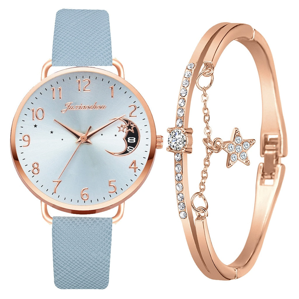 Ensemble avec montre et bracelets avec cadran à chiffres lunaires