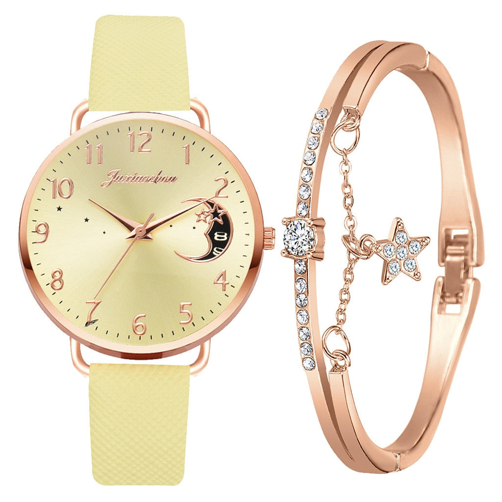 Ensemble avec montre et bracelets avec cadran à chiffres lunaires