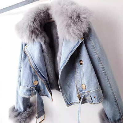 Manteau en denim doublé en fourrure de renard luxe Margaux