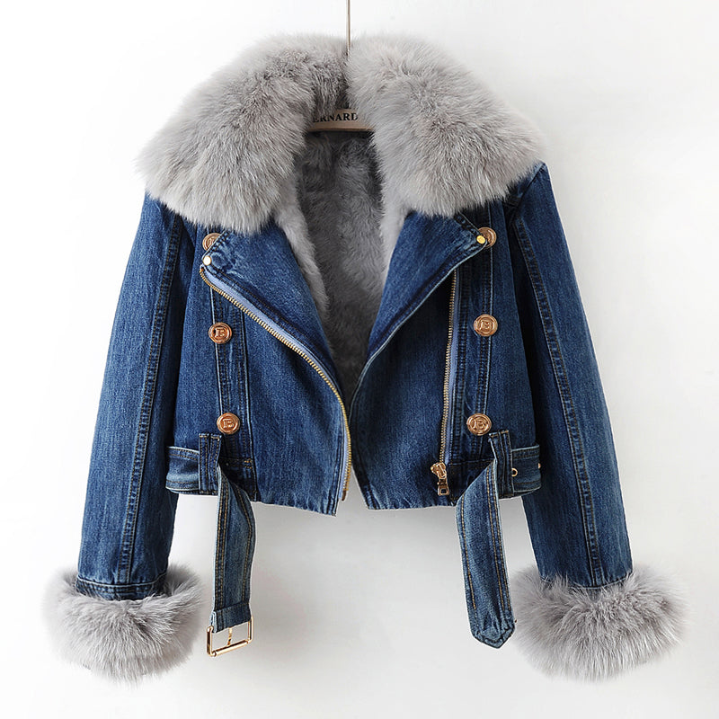 Manteau en denim doublé en fourrure de renard luxe Margaux