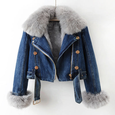 Manteau en denim doublé en fourrure de renard luxe Margaux