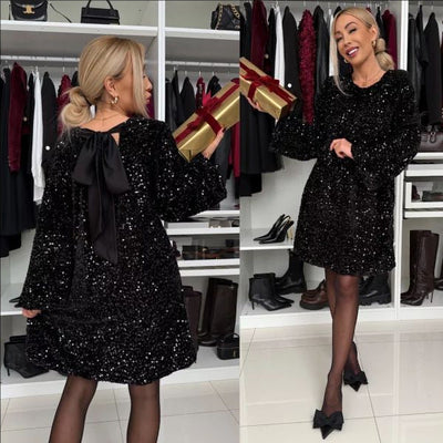 Robe mini ample en sequins de velours avec un noeud dans le dos