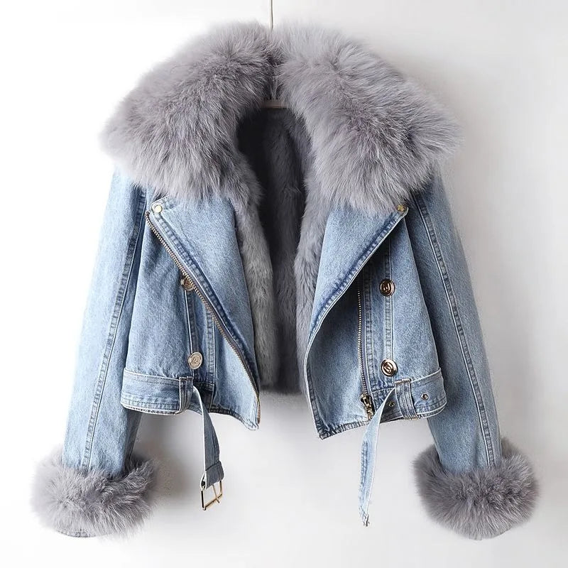 Manteau en denim doublé en fourrure de renard luxe Margaux