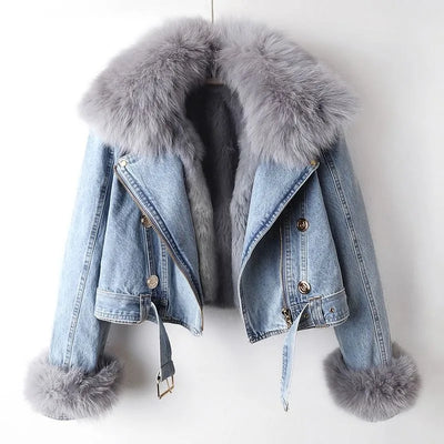 Manteau en denim doublé en fourrure de renard luxe Margaux