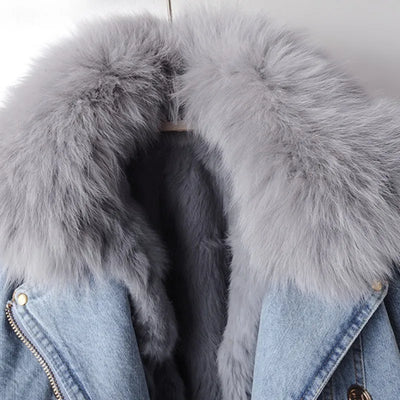 Manteau en denim doublé en fourrure de renard luxe Margaux