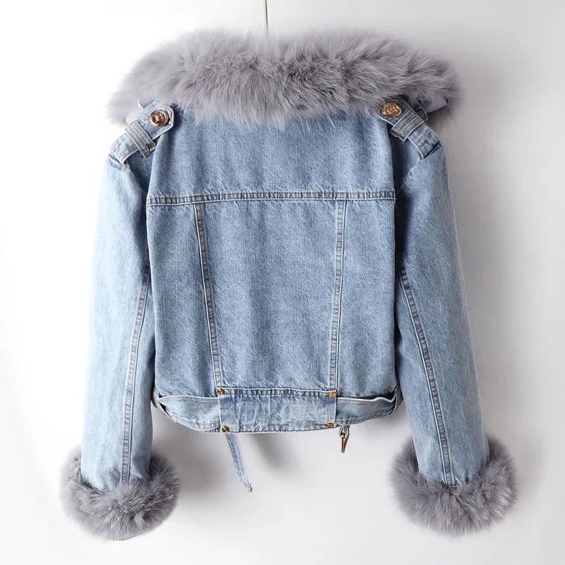 Manteau en denim doublé en fourrure de renard luxe Margaux