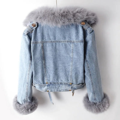 Manteau en denim doublé en fourrure de renard luxe Margaux
