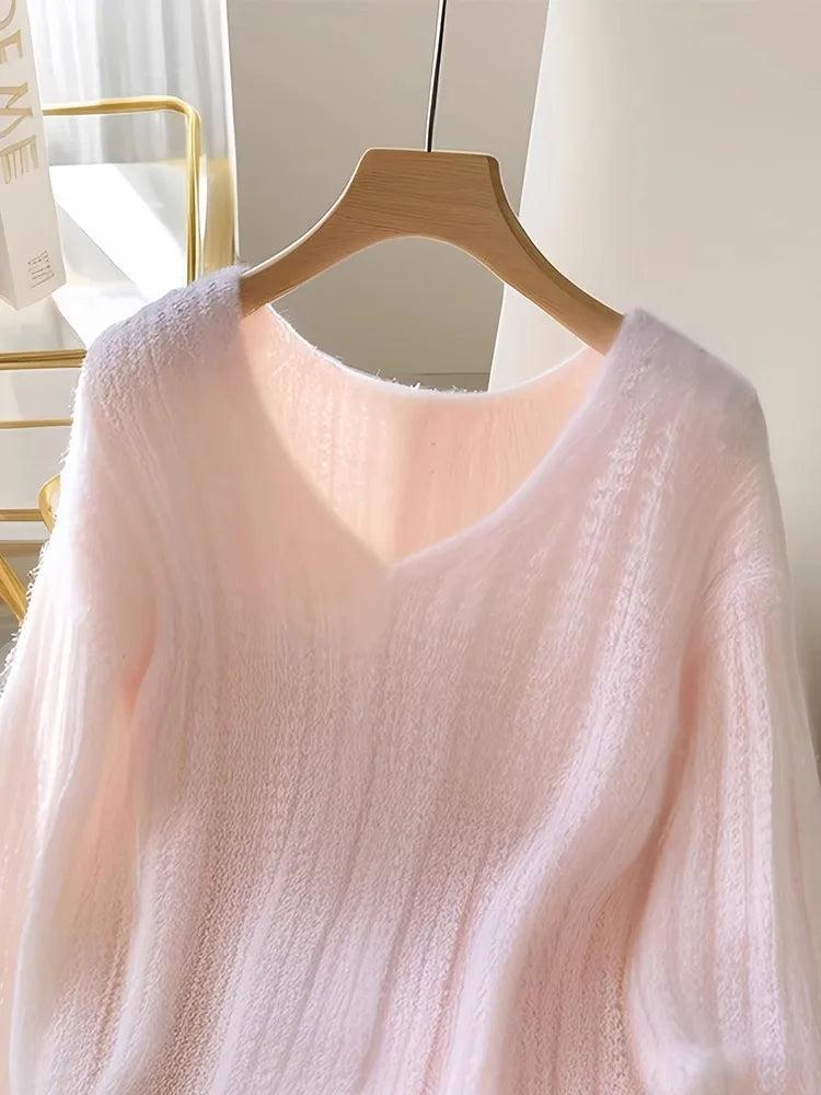 Pull-over en maille rose à manches longues sans motif