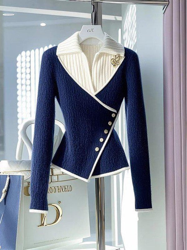 Pull encolure en V color block bleu