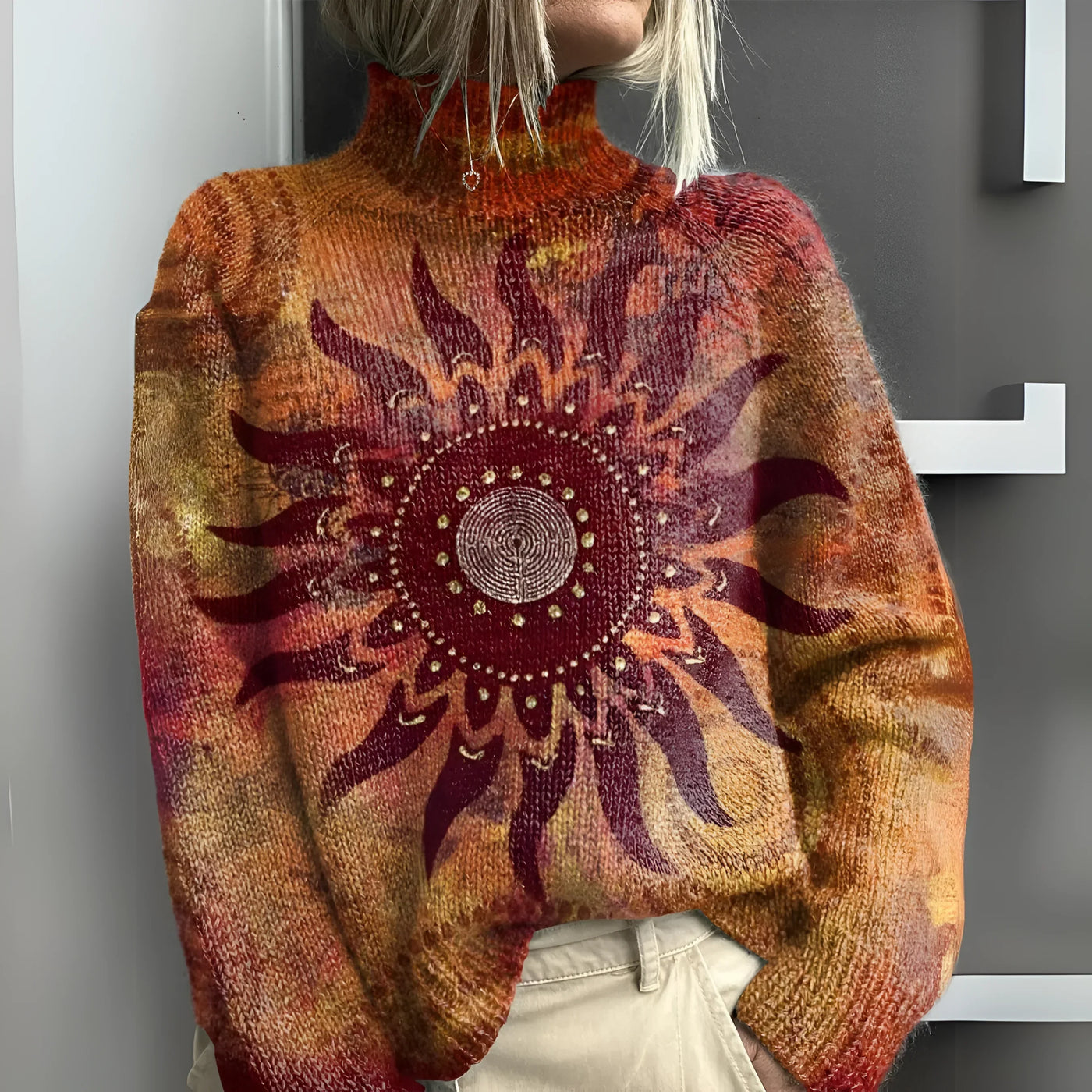 Eline - Pull à col roulé tricoté chaud avec motif tribal de soleil